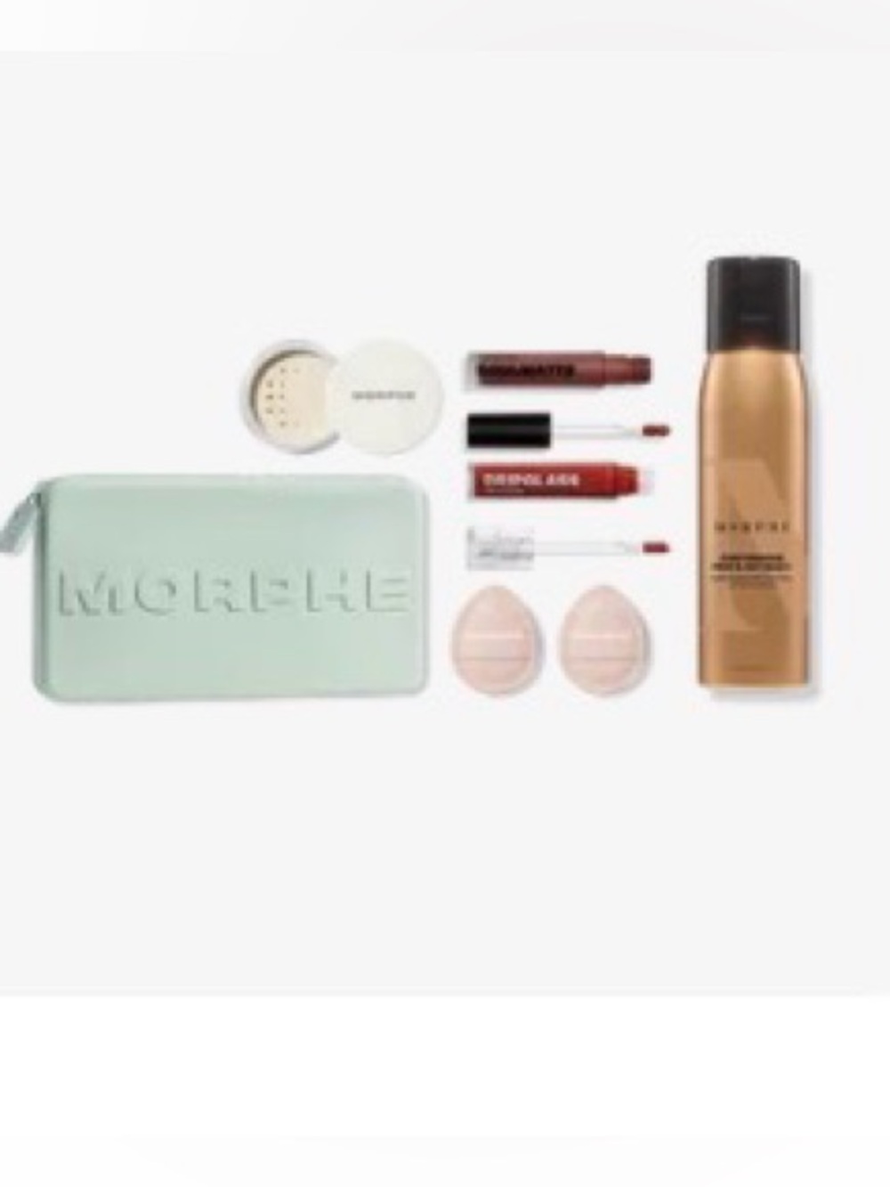 Morphe Mini Bake & Set Powder , setting spray, makeup bag, and 2 lip gloss.